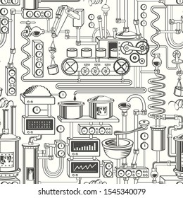 Vector seamless pattern on industrial theme with various production equipment, appliances, devices, sensors, mechanisms and pipes in retro style 