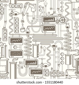 Vector seamless pattern on industrial theme with various production equipment, appliances, devices, sensors, mechanisms and pipes in retro style. Suitable for wallpaper, wrapping paper, fabric