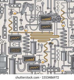 Vektornahtloses Muster zum Thema Industrie mit verschiedenen Produktionsanlagen, Geräten, Geräten, Sensoren, Mechanismen und Rohren im Retro-Stil. Geeignet für Tapete, Wickelpapier, Gewebe