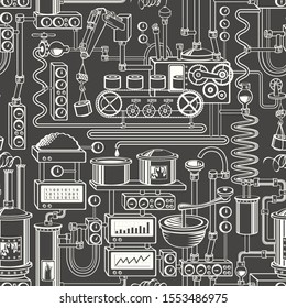 Vector seamless pattern on industrial theme with various production equipment, appliances, devices, sensors, mechanisms and pipes in retro style. Suitable for wallpaper, wrapping paper, fabric