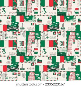 Vector seamless pattern on Italy theme with envelopes, architectural landmarks and Italian flag in retro style. Suitable for wallpaper, wrapping paper, fabric