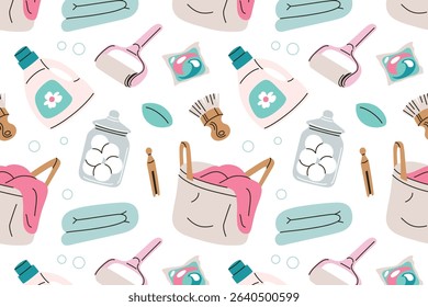 Vector seamless pattern on laundry and clothing care theme. Basket with laundry, detergent gel, capsules, washing balls, brush, lint roller, flat cartoon illustration for household, cleaning, chores