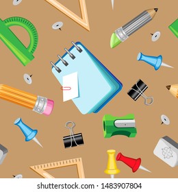Vector seamless pattern on a light brown background. Stationery for school and office