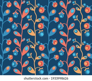 vector seamless pattern on light dark background with colored branches, leaves red. Blue and Orange
