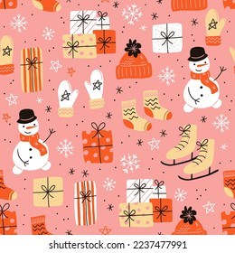 Vector seamless pattern on light background. Mittens and warm socks and hats for winter holidays, snowman and presents. Cozy winter texture for gifts, wrapping paper and others.