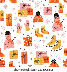 Vector seamless pattern on light background. Mittens and warm socks and hats for winter holidays, snowman and presents. Cozy winter texture for gifts, wrapping paper and others.
