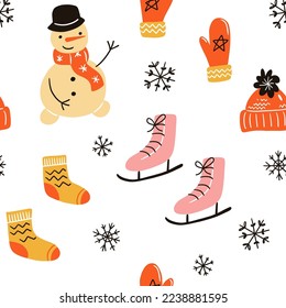 Vector seamless pattern on light background. Mittens and warm socks and hats for winter holidays, snowman and presents. Cozy winter texture for gifts, wrapping paper and others.