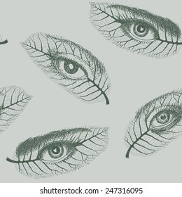 Vector seamless pattern on  light green-grey  background.  Delicate hand drawn  leaves with eyes 