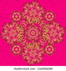 Vector seamless pattern on a magenta background with golden vintage ornament.
