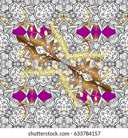 Vector seamless pattern on magenta background with golden elements and with white doodles. Vector illustration. Damask seamless pattern for design.