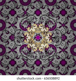 Vector seamless pattern on magenta background with golden elements and with white doodles. Vector illustration. Damask seamless pattern for design.