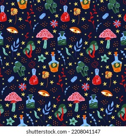Vector seamless pattern on a magical theme with mushrooms, herbs and witch spells. Halloween background.