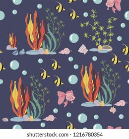 Vector seamless pattern on the marine theme with the image of various algae, stones, fish and bubbles on a dark background.