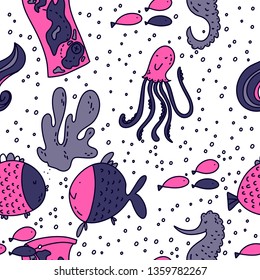 Vector seamless pattern on the marine theme with the image of cute octopus, seahorse, fishes, corals, shells and treasure map on a white background.