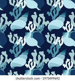 vector seamless pattern on the marine theme. Sea plants and animals on a blue background. Suitable for fabrics, textiles, wallpapers, posters, backgrounds