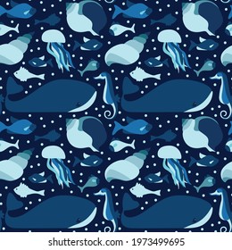 vector seamless pattern on the marine theme. Sea plants and animals on a blue background. Suitable for fabrics, textiles, wallpapers, posters, backgrounds