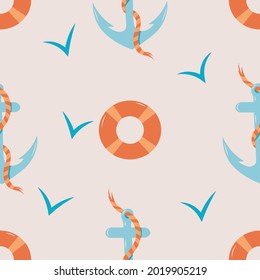 Vector seamless pattern on the marine theme. Marine anchor with a piece of torn rope and lifebuoy in cartoon style. The background is beige with blue gulls check marks. 