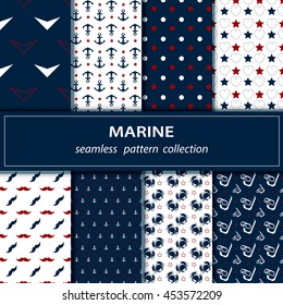 vector seamless pattern on the marine theme in blue white and red cancer, star, anchor