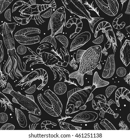 Vector seamless pattern on the marine theme. Line silhouettes of different fishes and seafood. Sketches silhouettes handmade: bream, carp, trout, salmon, sturgeon, perch, squid, shrimp, crab, lemon