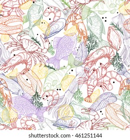 Vector seamless pattern on the marine theme. Line silhouettes of different fishes and seafood. Sketches silhouettes handmade: bream, carp, trout, salmon, sturgeon, perch, squid, shrimp, crab, lobster