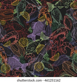 Vector seamless pattern on the marine theme. Line silhouettes of different fishes and seafood. Sketches silhouettes handmade: bream, carp, trout, salmon, sturgeon, perch, squid, shrimp, crab