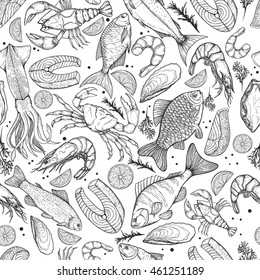 Vector seamless pattern on the marine theme. Line silhouettes of different fishes and seafood. Sketches silhouettes handmade: bream, carp, trout, salmon, sturgeon, perch, squid, shrimp, crab, lobster