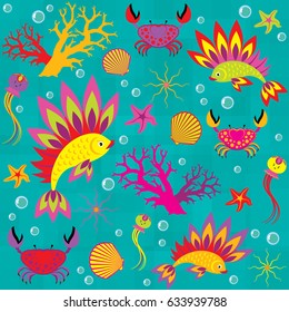 Vector seamless pattern on the marine theme with colorful fish, crabs and shells