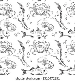 Vector seamless pattern on the marine-themed. Hand drawn linear fish, crab, shrimp  seaweed. Backgrounds of outline sea creatures isolated on white.