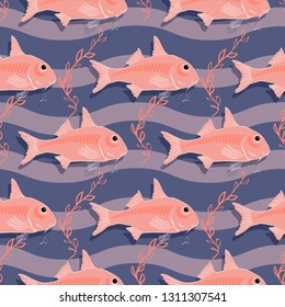 Vector seamless pattern on the marine-themed. Hand-drawn  fish and seaweed. Backgrounds of pink sea creatures isolated on purple wavy background. 