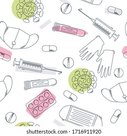 Vector Seamless Pattern On A Medical Theme. The Pattern Contains Images Of Medical Masks, Gloves, Tablets, Viruses, Syringes And Test Tubes