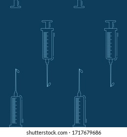Vektorillustration nahtlose Muster auf einem medizinischen Thema. Patten bestehen aus Bildern einer Spritze auf dunkelblauem Hintergrund