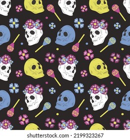 vector seamless pattern on mexican day of the dead theme. pattern with colored skulls, flowers and maracas