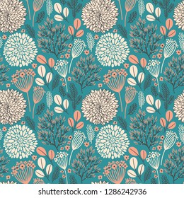 Vector Seamless Pattern On Mint. Abstract Background With Floral Elements. Natural Design. Winter Mood. Leaves And Flowers.