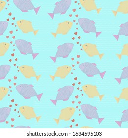 Vector seamless pattern on a mint background yellow and lilac fishes around hearts and waves