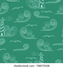 Vector seamless pattern on nautical theme. Blue doodle waves with lighthouse. Cute backgrounds for textile, scrapbook paper or gift envelope, wrapping paper.