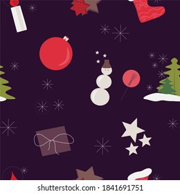 Vector seamless pattern on the New Year theme. Christmas and New Years celebration elements. Snowman, candle, snowflakes, Christmas trees, gift, stars, boots of Santa Claus on a dark purple background