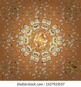 Vector seamless pattern on orange and white colors with golden elements. Damask seamless pattern for design.