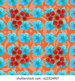 Vector seamless pattern on a orange background. Beautiful watercolor cosmos flowers, bright painting inspired floral print.
