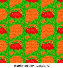 Vector seamless pattern on a orange background. Beautiful watercolor hibiscus flowers, bright painting inspired floral print.
