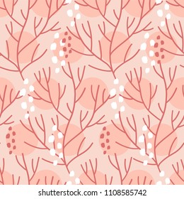 Vector seamless pattern on pink background with seaweed, sea sponges and corals. Abstract illustration with floral elements. Natural design.