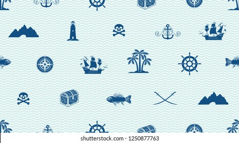 Vector seamless pattern on a pirate theme with a sailboat, Lighthouse, Jolly Roger, treasure chest, swords, compass, cave and other. Cute sea objects on blue background with waves in retro style