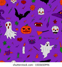 Vector seamless pattern on a purple background. Halloween Poisonous acid colors. Doodle style. Hand drawing. Pumpkin, skull, bat, witch, broom, vampire, fangs, magic, plants.