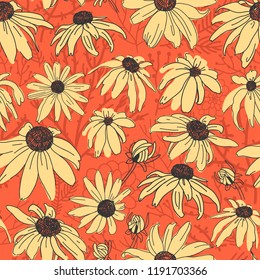 Vector seamless pattern on red. Floral background with flowers elements. Natural design.