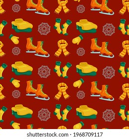 Vector seamless pattern on a red background with winter items and clothes. For design wallpaper, textile, wrapping paper, fabric, gift, print.