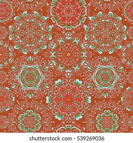 Vector seamless pattern on red background. Winter background with snowflakes and dots.