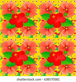Vector seamless pattern on a red background. Beautiful watercolor hibiscus flowers, bright painting inspired floral print.