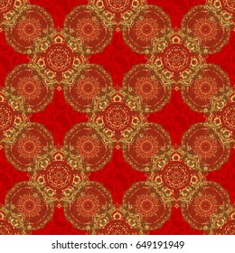 Vector seamless pattern on a red background with golden vintage ornament.