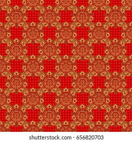Vector seamless pattern on a red background. Vector golden texture. Golden background. Seamless geometric pattern. Geometric background with rhombus and nodes. Abstract geometric pattern.