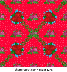 Vector seamless pattern on a red background. Beautiful watercolor rose flowers and green leaves, bright painting inspired floral print.
