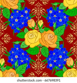 Vector seamless pattern on a red background. Beautiful watercolor rose flowers and green leaves, bright painting inspired floral print.